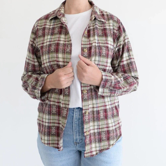 Vintage Classic Elements  Cream and Maroon Checker Button Up Long Sleeve Shirt M - Picture 2 of 13